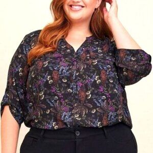 TORRID BLOUSE HARRY POTTER HERBOLOGY HARPER CHALLIS 3/4 SLEEVE FLORAL PRINT 0 L